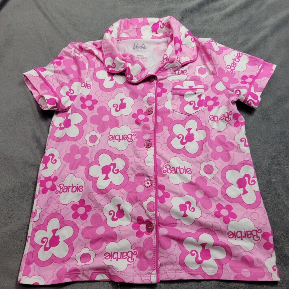 Barbie Matel Shirt Girls 6 Pink All Over Print Short Sleeve Button Front Pajama